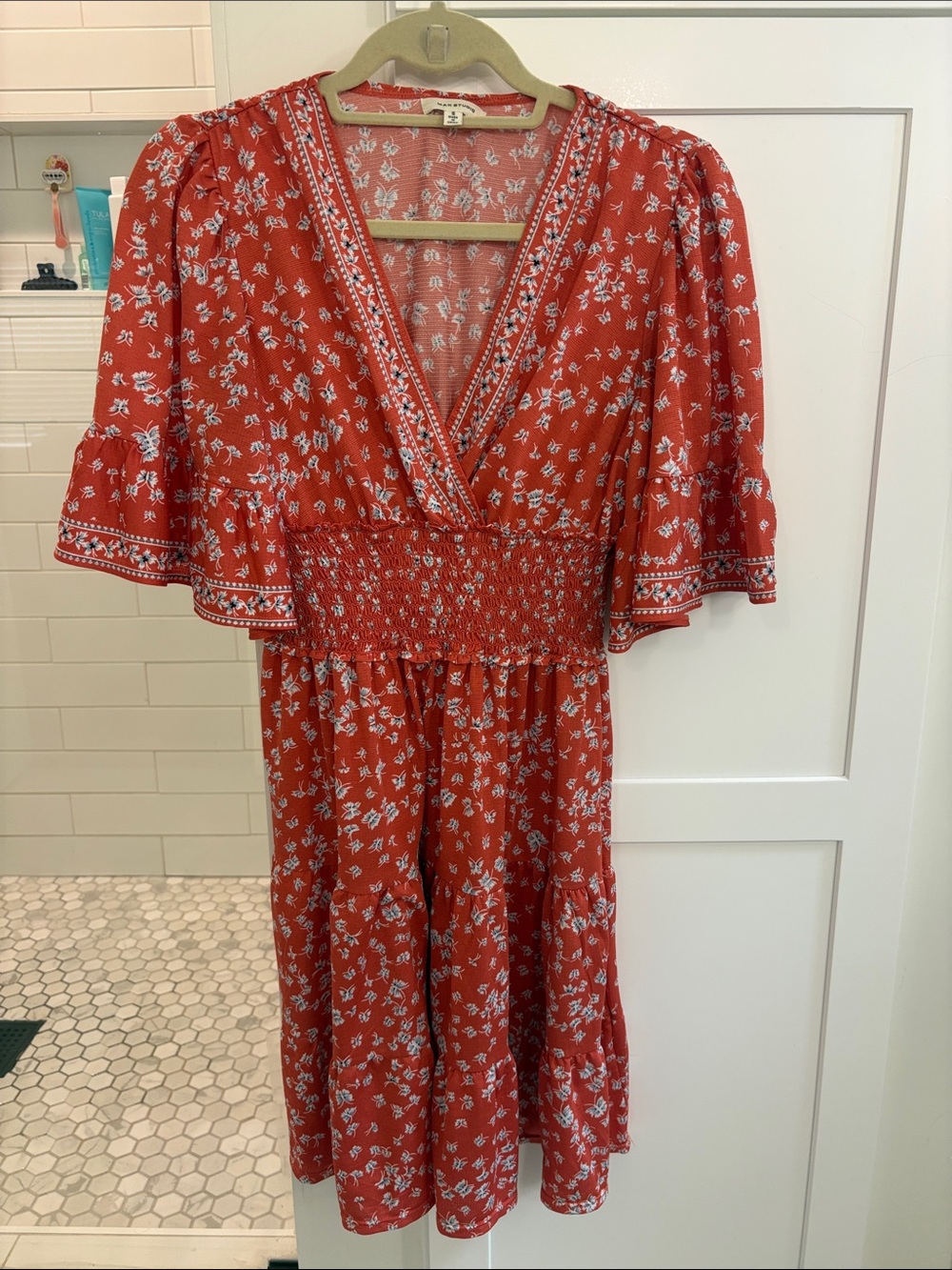 Max Studio Red Floral V-Neck Smocked Dress